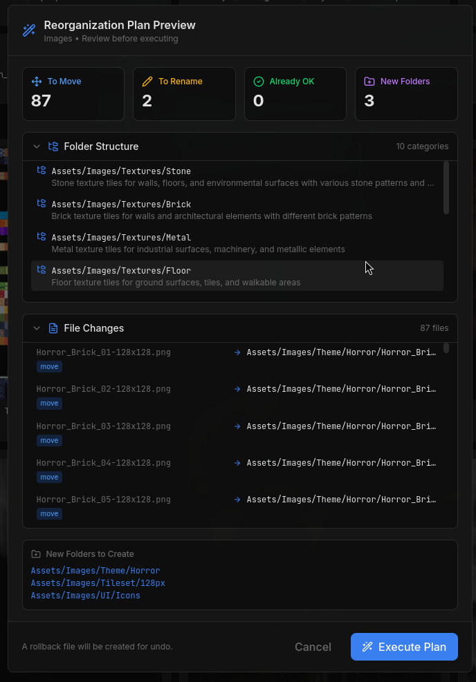 Plan preview showing file moves and new folders