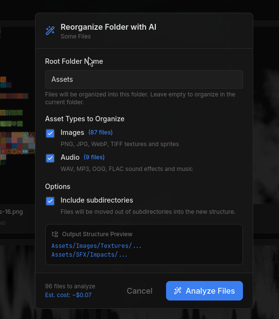 Reorganize with AI configuration modal